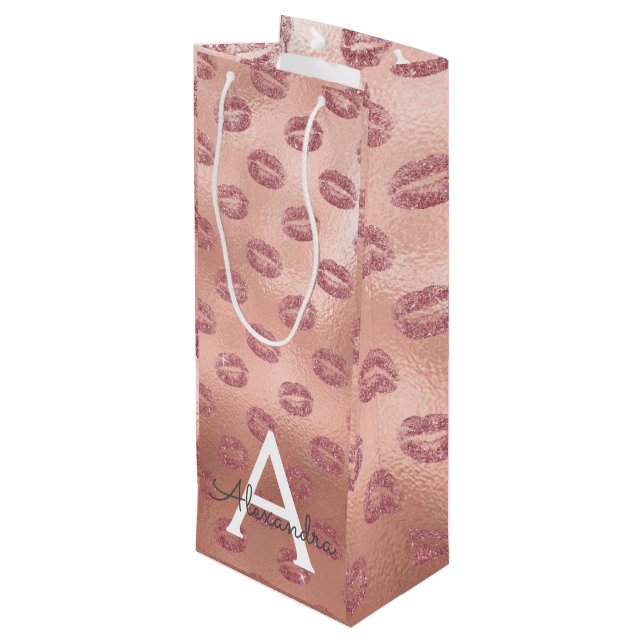 Sac Cadeau Pour Bouteille Rose Rose Gold Lipstick Baisers Monogramme Anniver (Dos Angle)