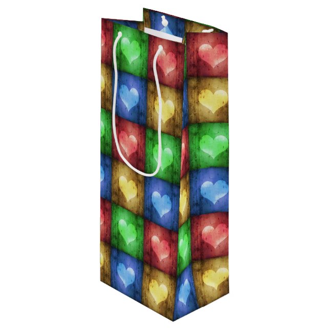 Sac Cadeau Pour Bouteille Saint Valentin coloré Coeurs rustiques (Devant Angle)