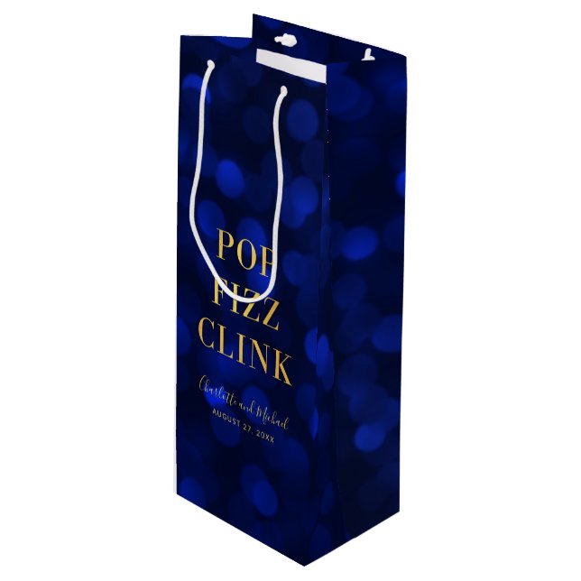 Sac Cadeau Pour Bouteille Sapphire Blue Bokeh Faux Gold Pop Fizz Clink (Devant Angle)