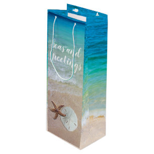 Sac Cadeau Pour Bouteille Scène de plage Mer de Noël et voeux