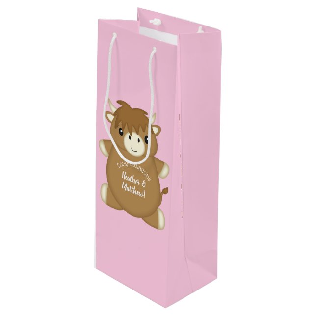 Sac Cadeau Pour Bouteille Scottish Highland Baby shower de vache rose (Devant Angle)