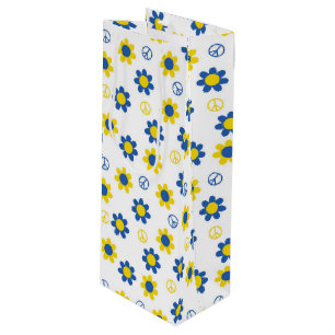 SAC CADEAU POUR BOUTEILLE SIGNES DE PAIX BLEUS JAUNE ET FLEURS