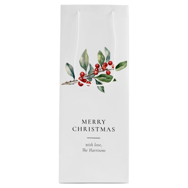 Sac Cadeau Pour Bouteille Simple élégante aquarelle de Noël Botanique (Devant)