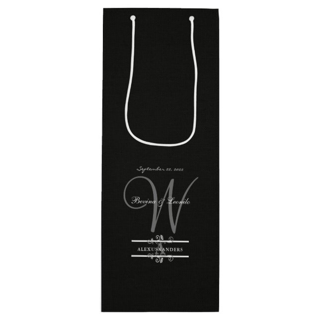 Sac Cadeau Pour Bouteille Simple mais élégant : Linge noir avec Monogramme (Devant)