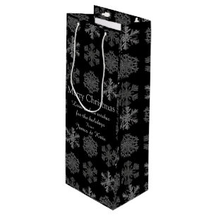 Sac Cadeau Pour Bouteille Snowflakes sur Black Elegant Personnalisé