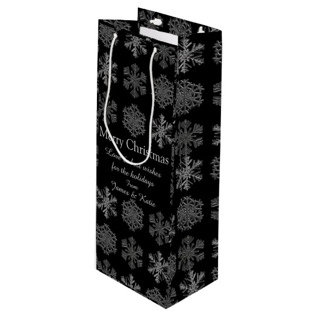 Sac Cadeau Pour Bouteille Snowflakes sur Black Elegant Personnalisé (Devant Angle)