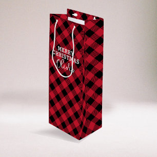 Sac Cadeau Pour Bouteille Tartan rouge patiné Nom Noël