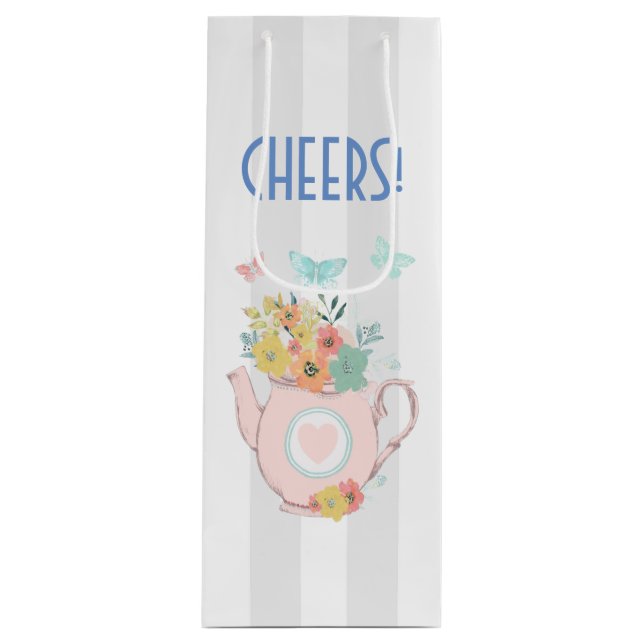 Sac Cadeau Pour Bouteille Teapot rose avec fleurs et papillons (Devant)