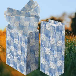 Sac Cadeau Pour Bouteille Tissu en jean de style vintage bleu et blanc créme