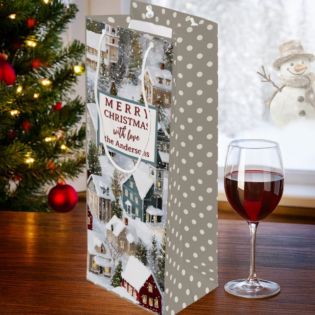 Sac Cadeau Pour Bouteille Traditional Winter Christmas  (Christmas gift bag featuring a snow covered city with pine trees on a classic polka dot pattern)