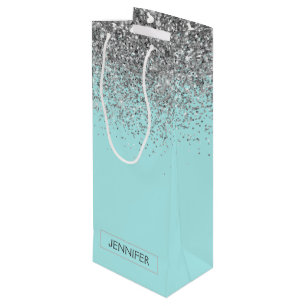 Sac Cadeau Pour Bouteille Turquoise Aqua Blue Silver Parties scintillant Gir
