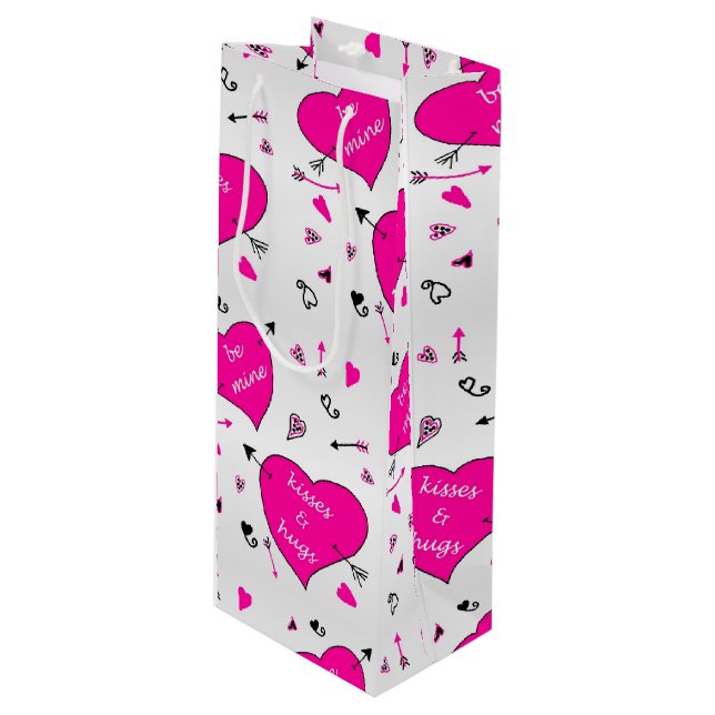 Sac Cadeau Pour Bouteille Valentines Day Coeurs roses Ennuis dans Baisers (Devant Angle)