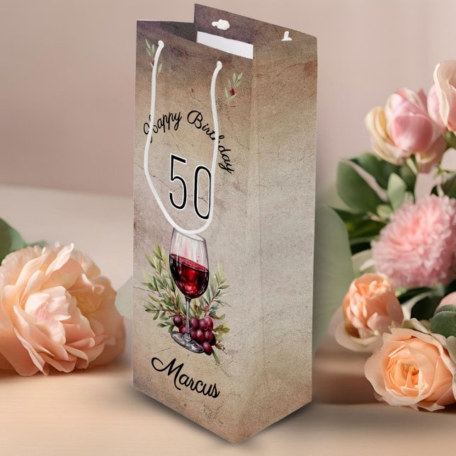 Sac Cadeau Pour Bouteille Verre rouge Olive Aquarelle 50e anniversaire (Créateur téléchargé)