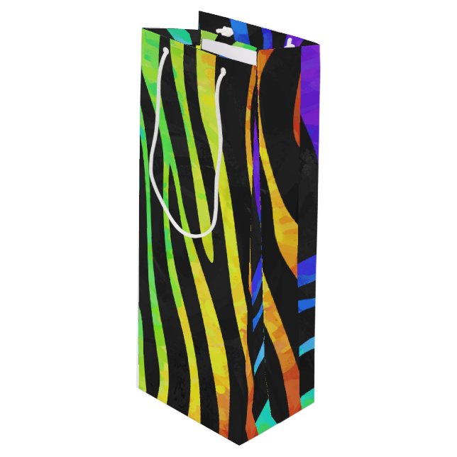 Sac Cadeau Pour Bouteille Zebra Black et Rainbow Print (Devant Angle)