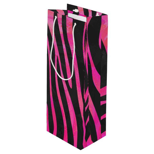Sac Cadeau Pour Bouteille Zebra noir et rose chaud (Devant Angle)