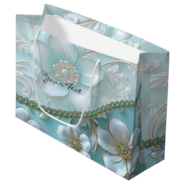 Sac cadeau turquoise blanc floral (Devant Angle)