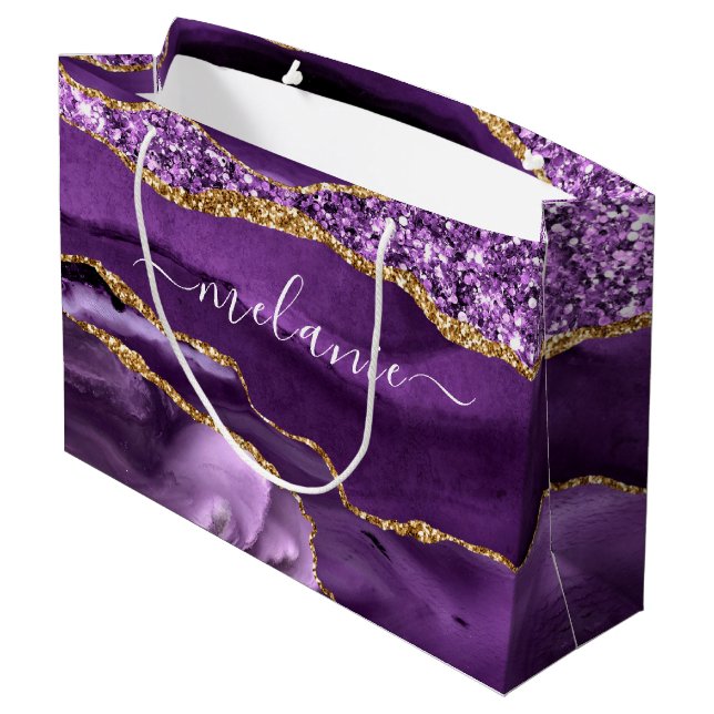 Sac Cadeau Votre Nom Marbre Paillettes Or Violet (Dos Angle)