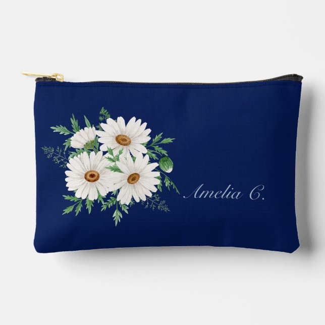 Sac cosmétique bleu marine et marguerites d'aquare (Recto)