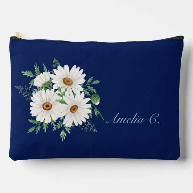 Sac cosmétique bleu marine et marguerites d'aquare (Recto)