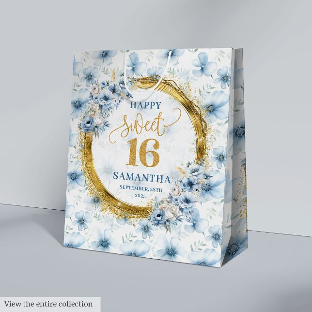 Sac de fête de Parties scintillant en or Dusty Blu (Custom Dusty Blue Sweet 16 Gold Glitter Party Bag)