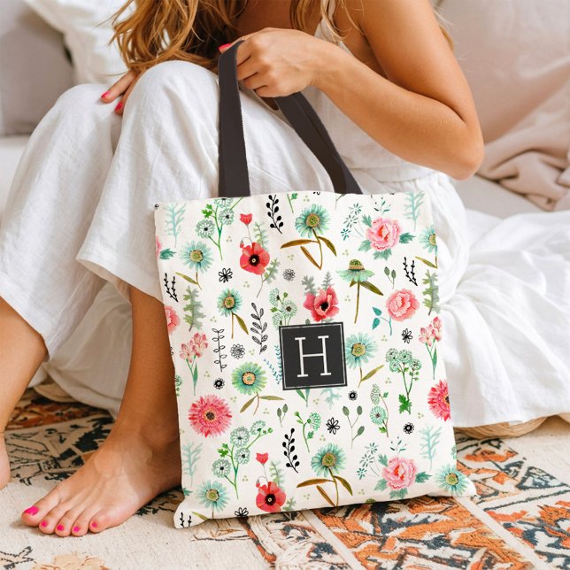 Sac de marché botanique à monogramme motif fleurs  (Wildflower Pattern Monogram Botanical Market Tote Bag)