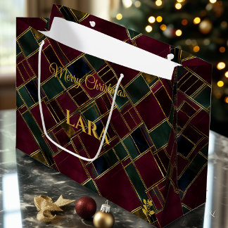 Sac de Noël personnalisé géométrique bordeaux et v