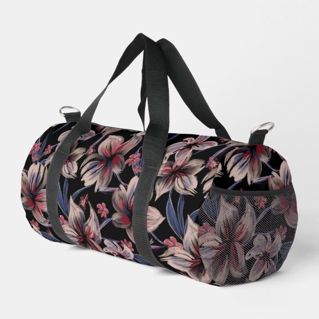 Sac De Sport Aquarelles Crimson Floral sur noir (Coin droit)