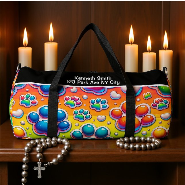 Sac De Sport Bubble Paw Print Rainbow Travel Monogram Personal (Créateur téléchargé)