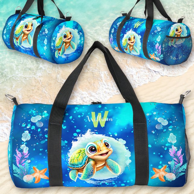 Sac De Sport Cute Happy Turtle Boy Ocean Blue Nom (Cute Happy Turtle Boy Ocean Blue Name Duffle Bag)