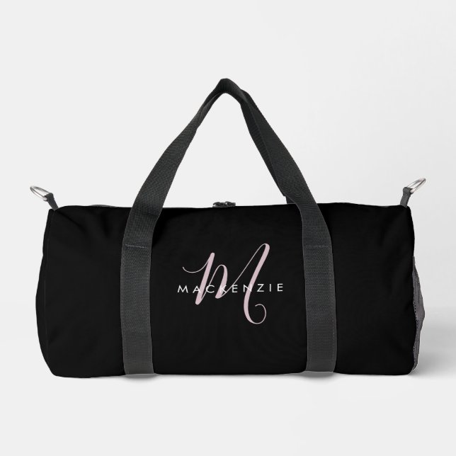 Sac De Sport Élégant Noir Noir Blush Pink Script Monogramme (Recto)