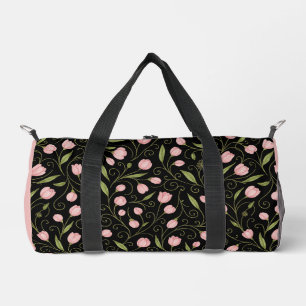 Sac De Sport Fleur mignonne, rose sur noir avec motif répétitif