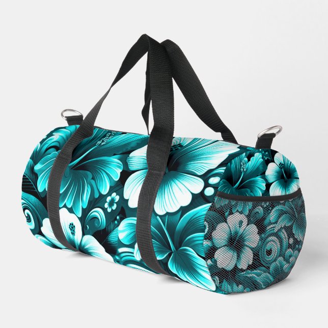 Sac De Sport Fleurs hawaïennes tropicales Hibiscus Turquoise bl (Coin droit)