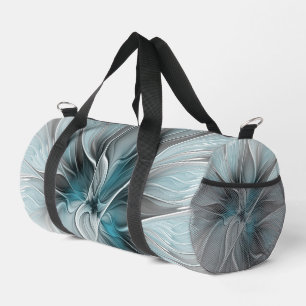 Sac De Sport Fractal Floral Moderne Abstrait Fleur Bleu Gris