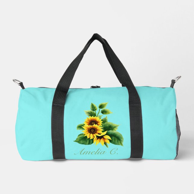 Sac De Sport Joli tournesol et nom sur Arrière - plan Turquoise (Recto)