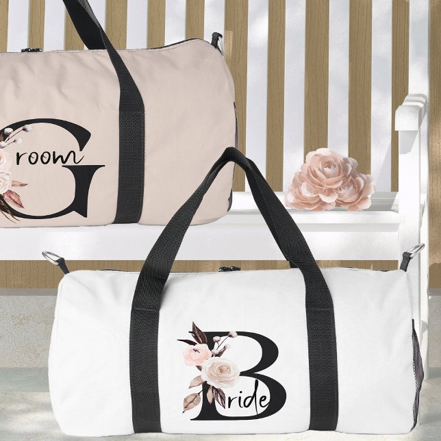 Sac De Sport Lettre florale Boho Bride Mariage nuitée (Bride Duffle Bag with boho floral letters - easy to change background color if required)