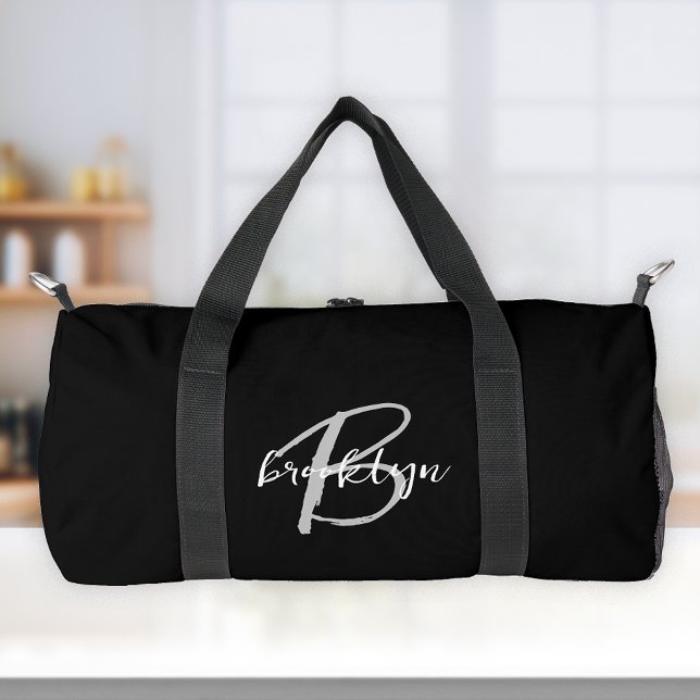 Sac De Sport Monogramme Classique Noir Blanc Gris Script  (Créateur téléchargé)