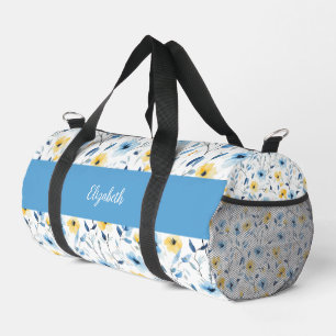 Sac De Sport Monogramme de nom de fleur sauvage aquarelle bleu