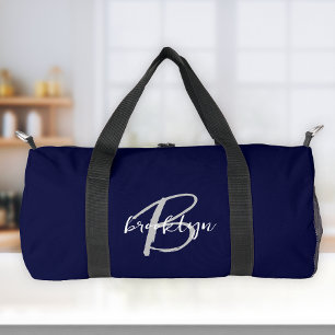 Sac De Sport Monogramme de style manuscrit blanc gris bleu mari