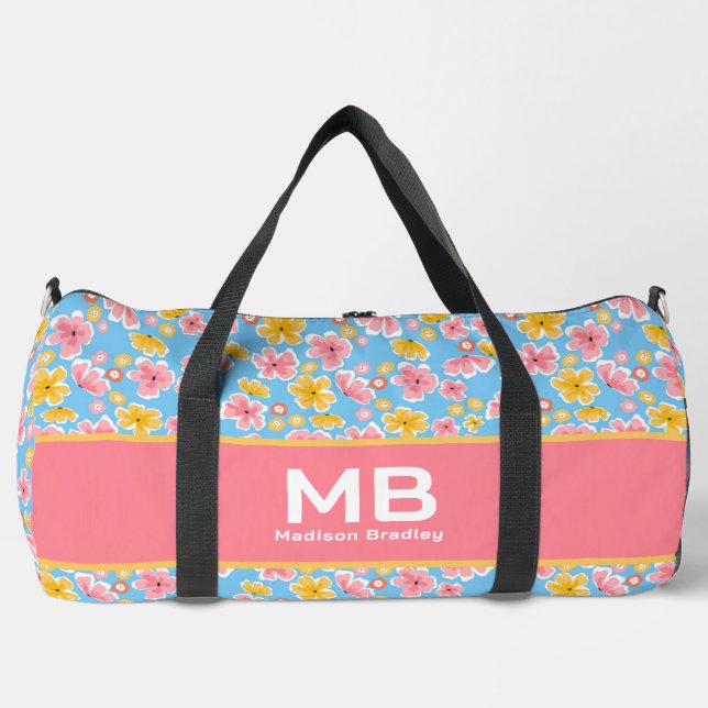 Sac De Sport Monogramme Fille Floral Rose Bleu Personnalisé Nom (Recto)
