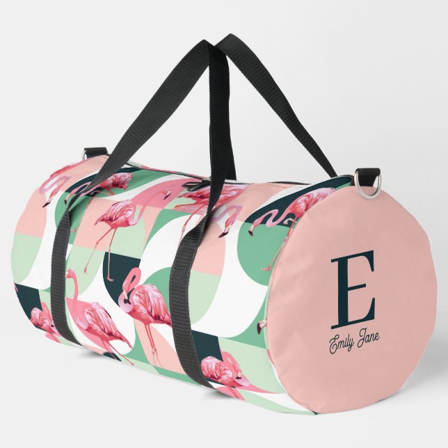 Sac De Sport Monogramme Flamant rose rose moderne Nom géométriq (Coin gauche)