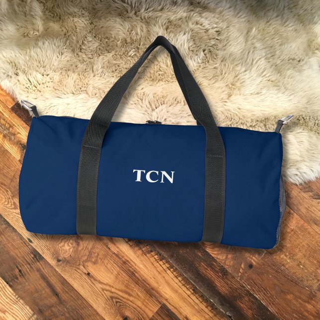 Sac De Sport Monogramme Initiales Nom Marine Bleu Blanc (Navy Blue White Monogrammed Initials Name Duffel bag. Gift for him)