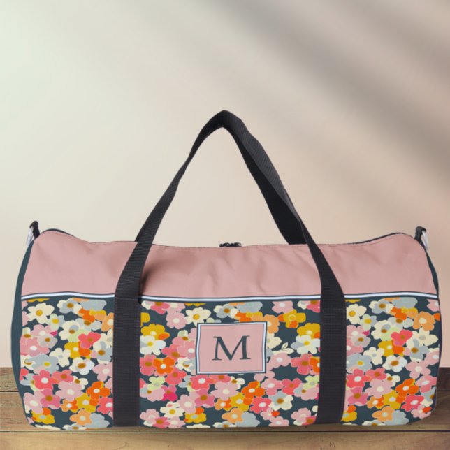 Sac De Sport Monogramme rose et gris Floral initial Grand (Monogram Initial Floral Pink and Gray Duffel Bag)