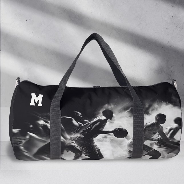 Sac De Sport Monogramme sportif, noir et blanc, basket-ball (Personalized Monogram, Black and white Sport, basketball Duffel Bag.)