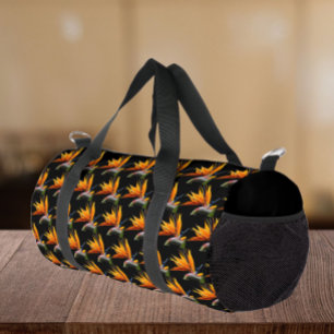 Sac De Sport Motif Plante Orange Bird of Paradise sur Noir