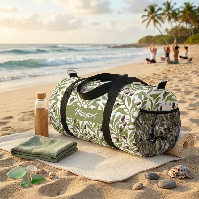 Sac De Sport Nom de branche d'olive Monogramme Vert Sauge (Olive Branch Name Monogram Sage Green Duffle Bag)