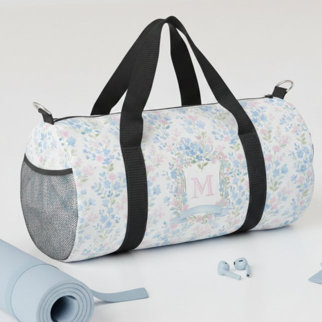 Sac De Sport Personalized Floral Monogram Bag (elegant girly blue pink floral personalized duffel bag with custom monogram initial)