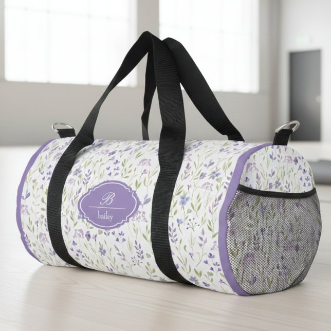 Sac De Sport Personalized Purple Floral Monogram (elegant purple blue wildflower duffel bag with monogram in calligraphy script typography)