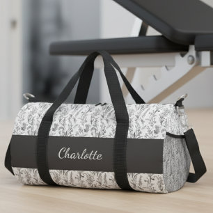 Sac De Sport Toile Florale Noir Blanc Nom Personnalisé