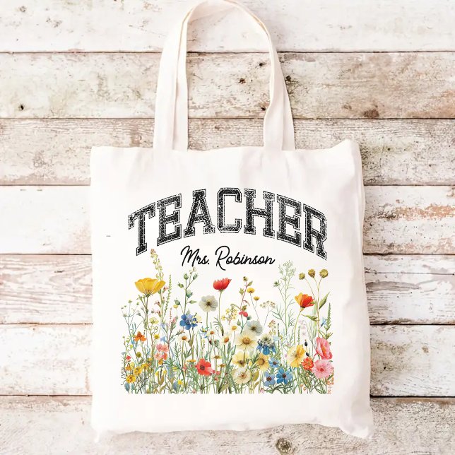 Sac d'enseignant Fleur sauvage personnalisé, cadea (wildflowers tote bag, personalized name tote, teacher tote bag, teacher appreciation gift)
