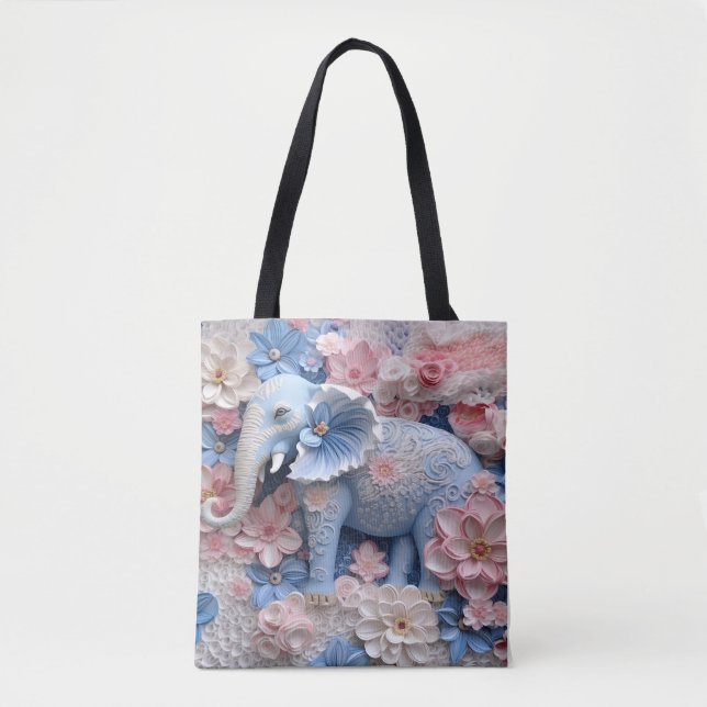 Sac en toile Fourre-tout Eléphant bleu 3D avec fle (Devant)